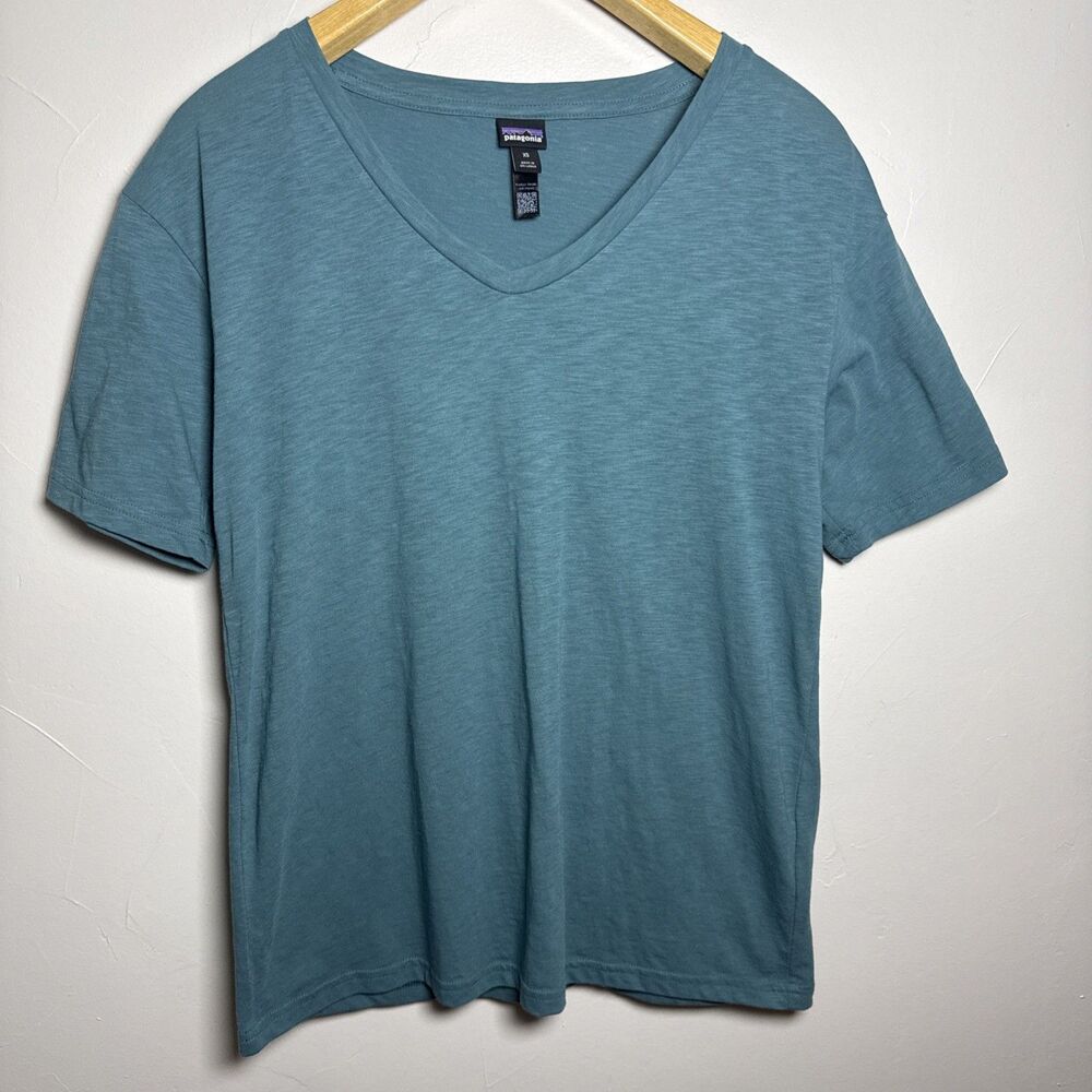 Patagonia Teal Blue Green Vneck Short Sleeve Shirt Women's Size XS